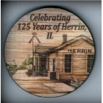 Front of Wooden nickel says Celebrating 125 Years of Herrin and is a 2" wooden nickel for donation gift