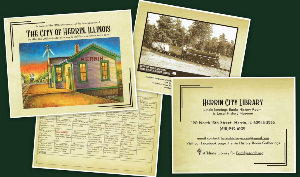 Herin City Library 125th Anniversary Calendar: image shows cover of the calendar in bright colors and three pages of the calendar. 