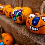 Children's Pumpkin Painting, Friday, October 25, 2024, at 3:30 pm. Picture shows several brightly painted pumpkins.